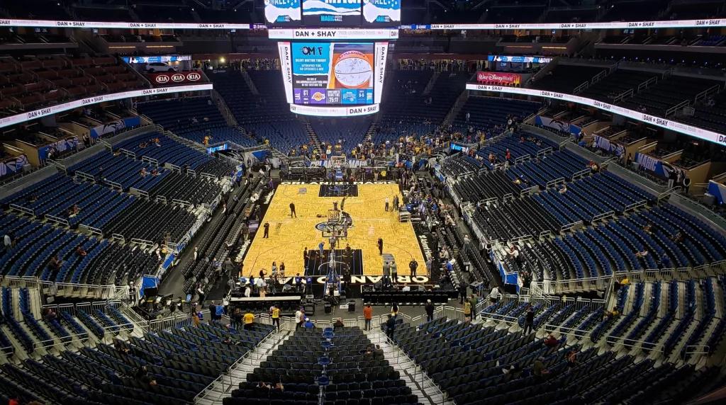 Amway Center Basketball Court Looking down at a basketball court from the stands of the Amway Center