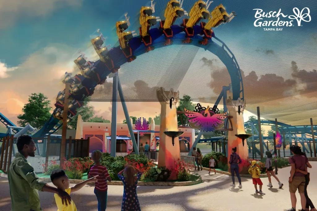 Phoenix Rising Concept Art Artists impression of a flying coaster going over people standing on a path