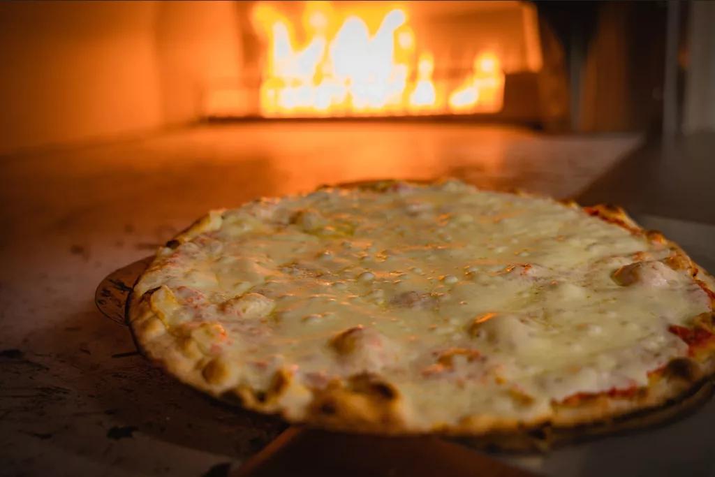 Camelo Pizza A cheese pizza in a wood fired pizza oven