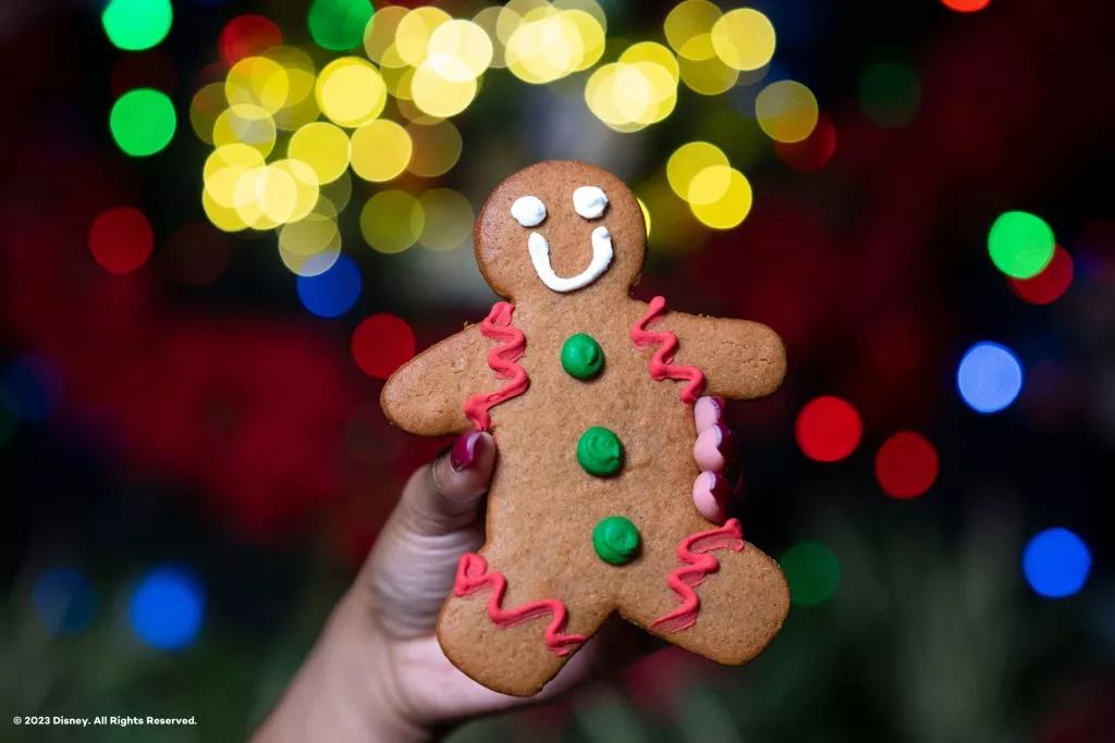 Holiday Cookie Stroll A gingerbread man being held in front of some Christmas lights