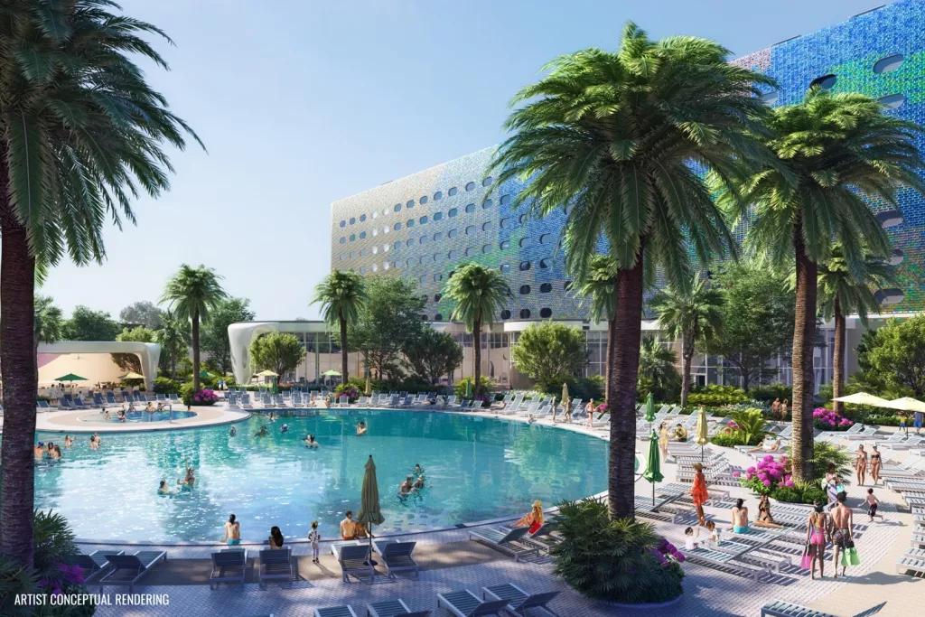 Concept art of a hotel pool lined with palm trees and sun loungers