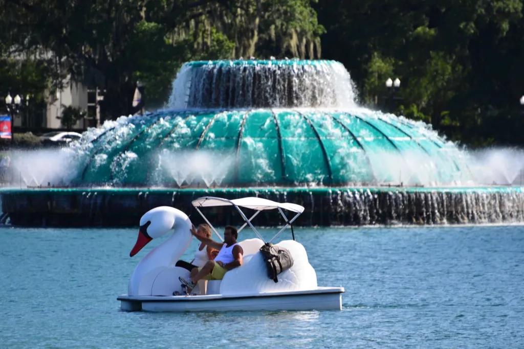 Swan Boats at Lake Eola Two people in a swan shaped peddle boat on a lake in front of a large circular fountain
