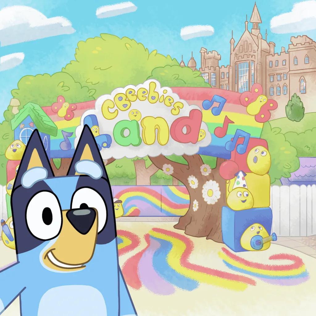 Bluey sketch Sketch of Bluey the character in front of CBeebies Land rainbow sign and Alton Towers manor house