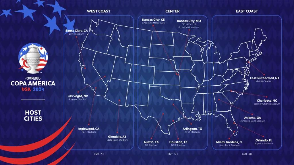2024 Copa America A map of the USA labelling the football stadiums hosting games in the 2024 Copa America championship