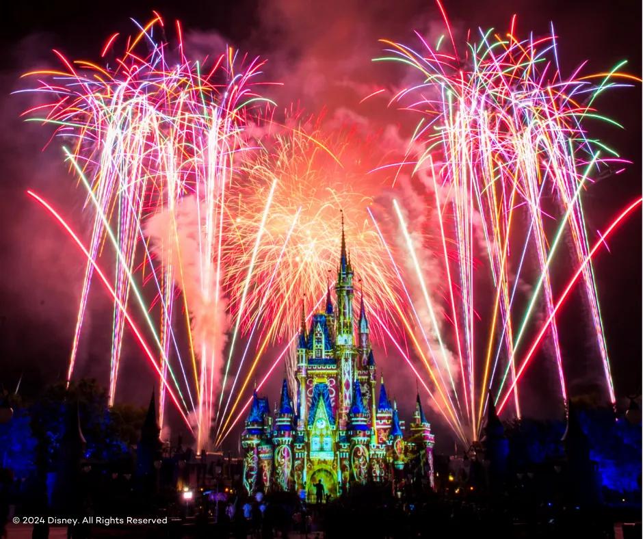 Happily Ever After Firework Display Fireworks launched around and behind Cinderella's Castle at Walt Disney World Resort in Florida