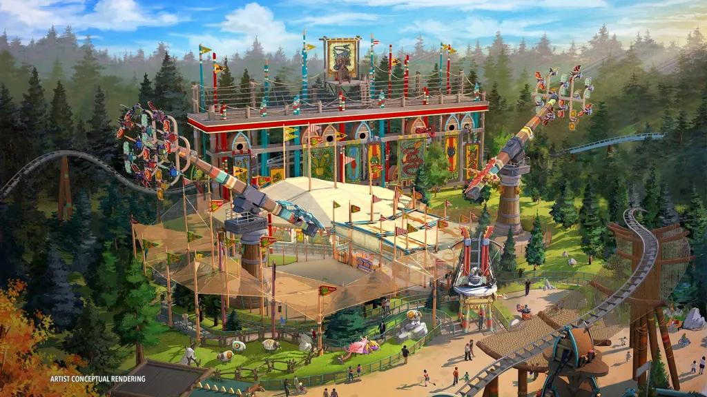 Dragon Racer's Rally Concept art of two spinning rides in a How To Train Your Dragon themed land