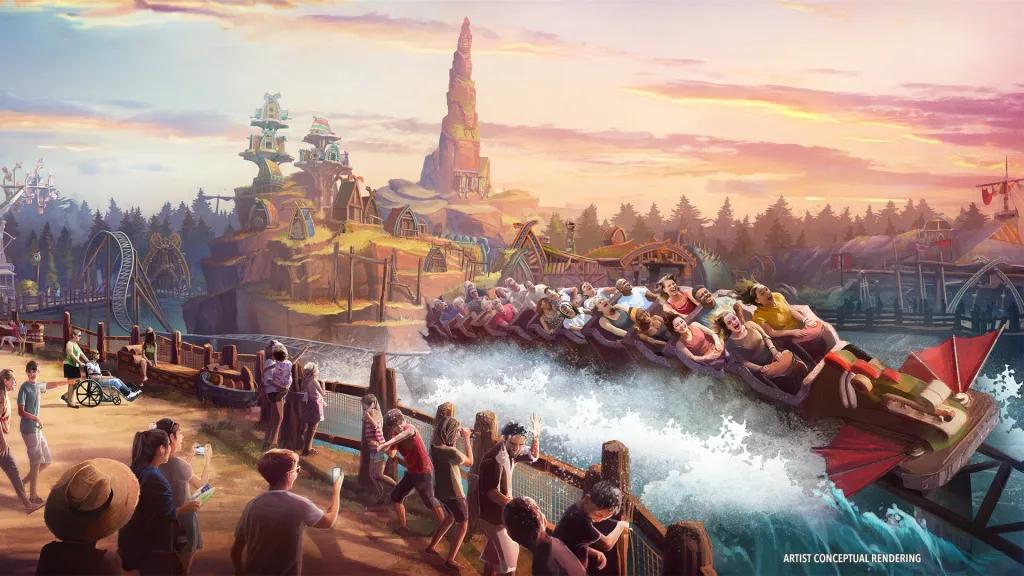 Hiccup's Wing Gliders Concept art of a How To Train Your Dragon themed rollercoaster gliding across a lagoon