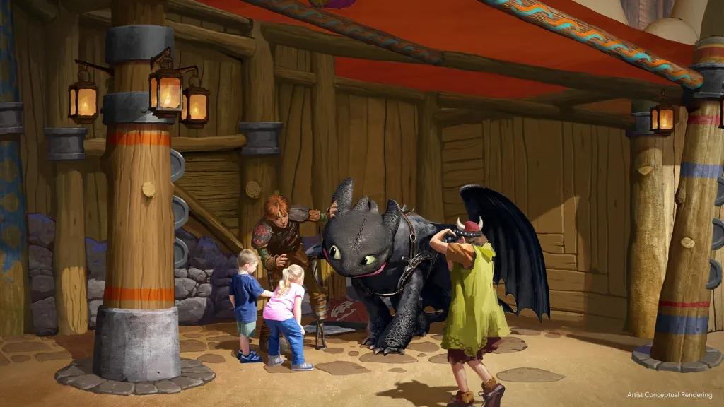 Hiccup and Toothless Meet and Greet Concept art of two children meeting Hiccup and Toothless at Epic Universe