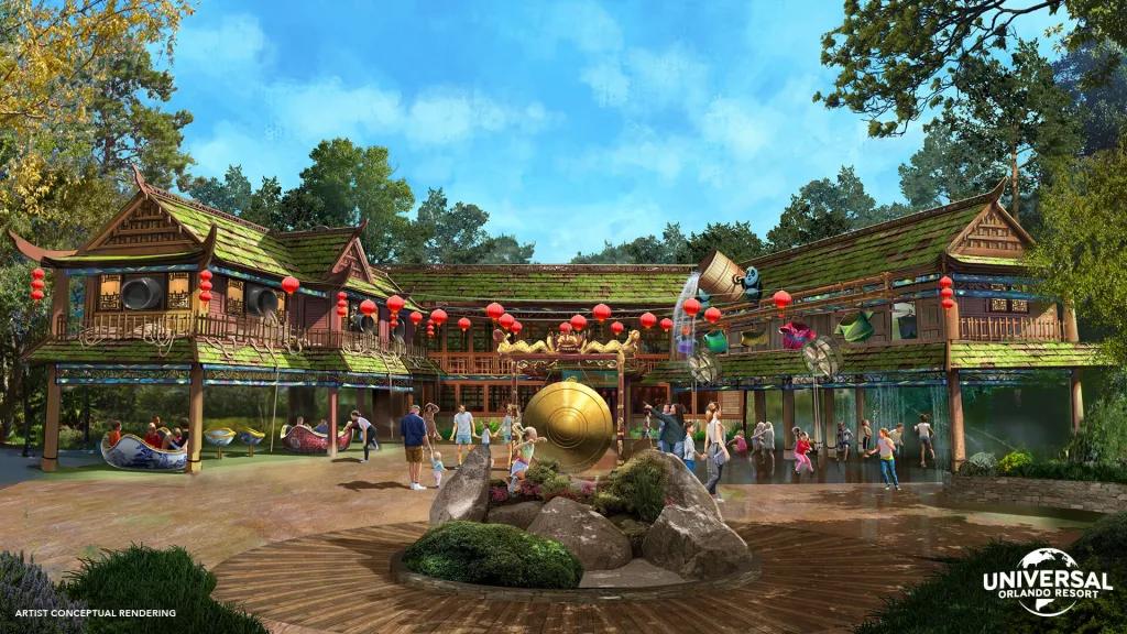Po's Kung Fu Training Camp in DreamWorks Land Concept art of a water play area designed to look like a Chinese village