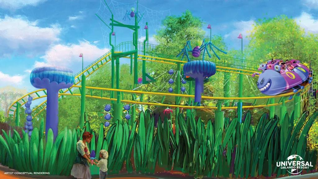 Trolls Trollercoaster in DreamWorks Land Concept art of a family rollercoaster shaped like a caterpillar moving past large mushrooms and grass