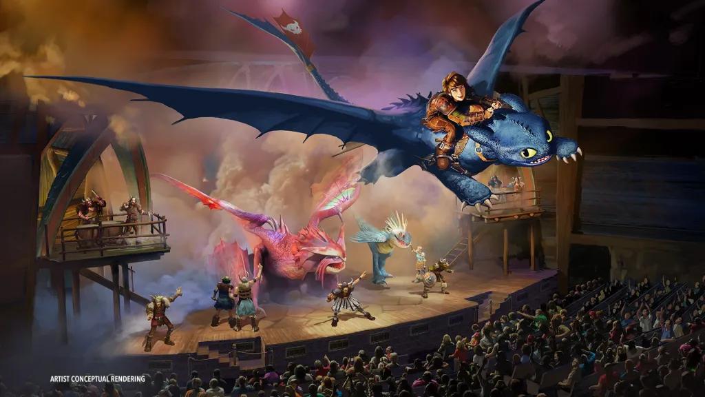 The Untrainable Dragon Concept art of people in a theatre watching a How To train Your Dragon show