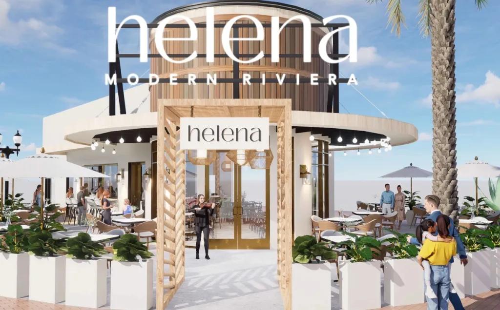 Helena Modern Riviera A white building with wooden panels on top floor, circular walls with lights and a white sign which says "Helena Modern Riviera". Surrounding the building there are square plant pots and umberella's.