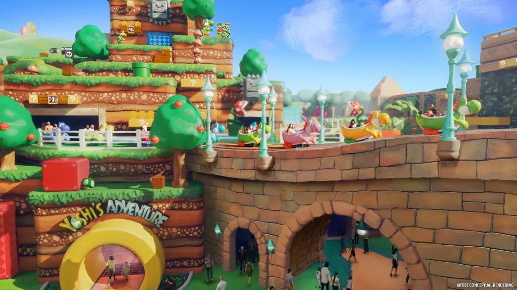 Yoshi's Adventure Concept art of people in Yoshi-shaped ride vehicles moving through a Mario themed land