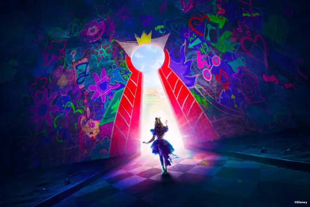 Alice & The Queen of Hearts Alice in Wonderland walking through a large keyhole designed to look like the Queen of Hearts