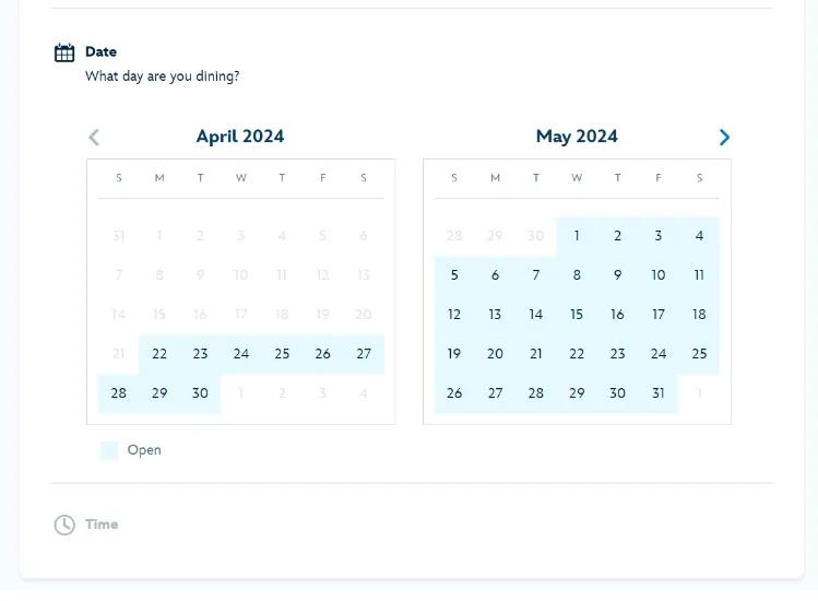 Choose Your Date A screenshot of a page to choose the date of your dining reservation
