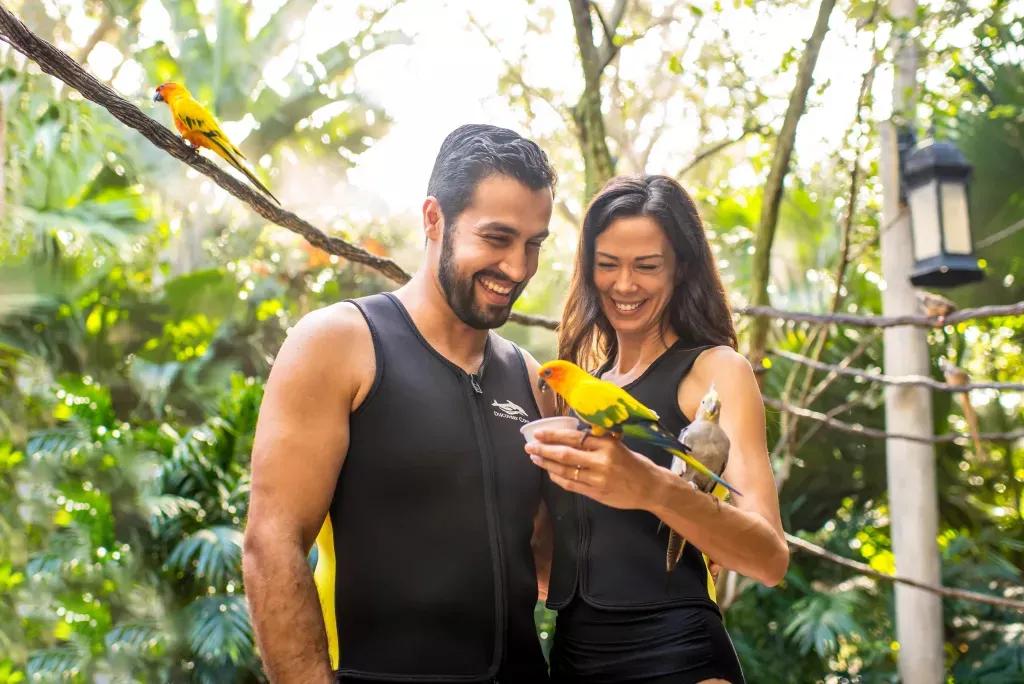 Begegnungen mit Tieren  Eine Frau und ein Mann stehen nebeneinander. Zwei Papageien sitzen auf dem Arm der Frau und einer der Vögel isst das Futter aus ihrer Hand. Beide Personen lächeln.