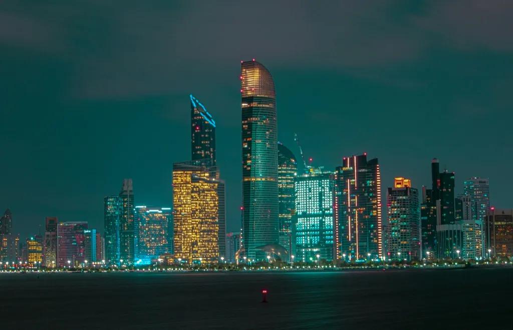 Abu Dhabi Evening view of Abu Dhabi of the skyline with many tall skyscrapers