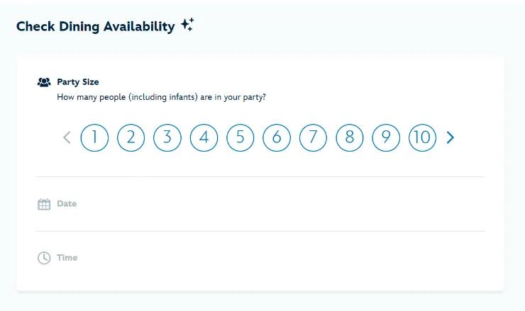 Party Size A screenshot of a page to choose how many people will be on your dining reservation