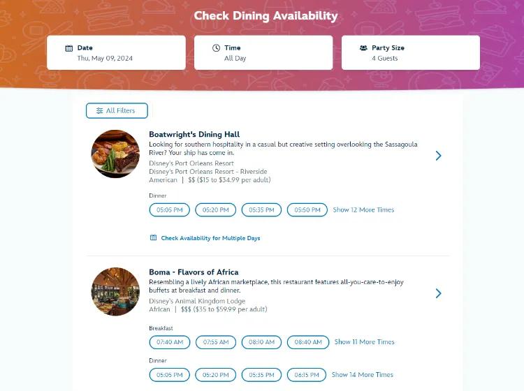 Choose Your Restaurant and Time Slot A screenshot of a page to choose which restaurant you would like to book
