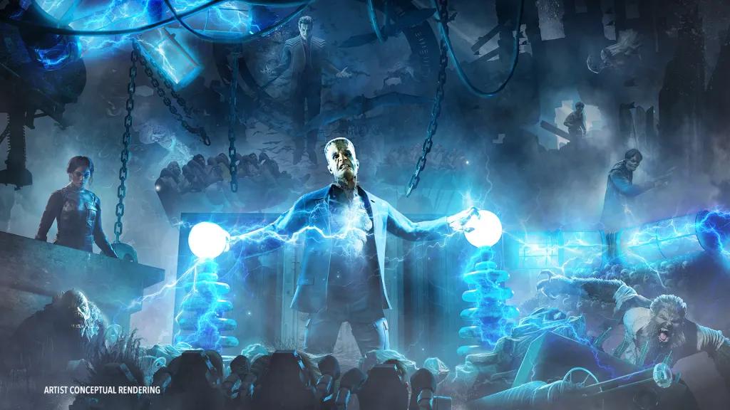 Monsters Unchained: The Frankenstein Experiment Concept art of a Universal Monsters themed ride including Frankenstein's Monster and Dracula