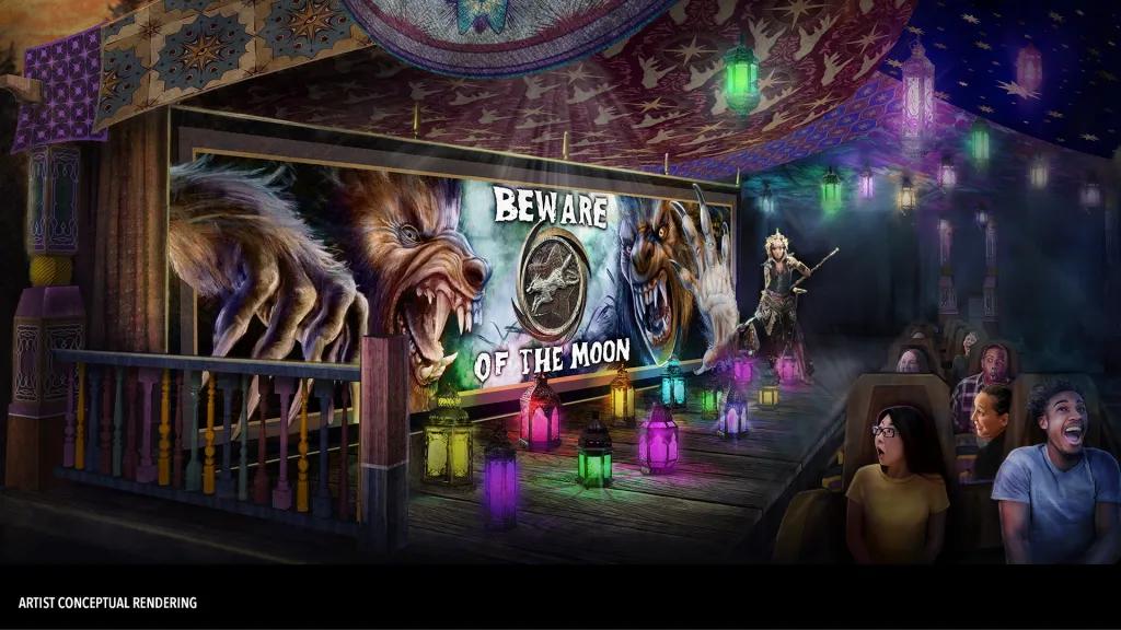 Curse of the Werewolf Concept art of people on a rollercoaster riding past a sign reading 'Beware of the moon'