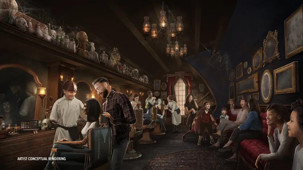 Darkmoor Monster Makeup Experience Concept art of families in an old-fashioned parlour getting monster makeovers