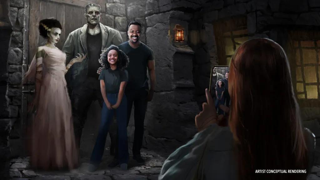 Meet the Monsters Concept art of a family meeting Frankenstein's Monster and the Bride of Frankenstein
