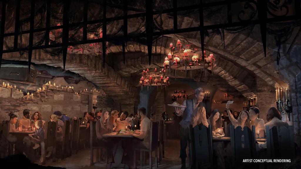 Das Stakehaus Concept art of guests eating in a restaurant designed to look like a spooky dungeon with dark walls and dripping candles