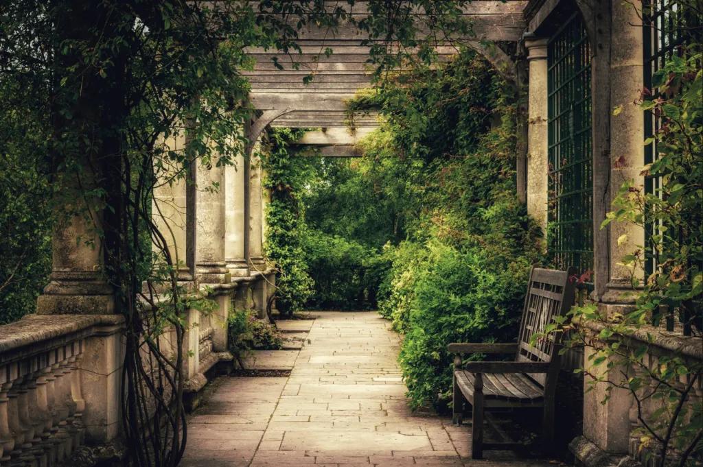 The Hill Garden and Pergola A walkway overgrown with plants and ivy with an empty bench at the side