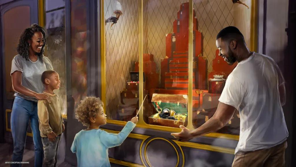 Interactive Wands at The Wizarding World of Harry Potter Concept art of a family using an interactive wand in The Wizarding World fo Harry Potter