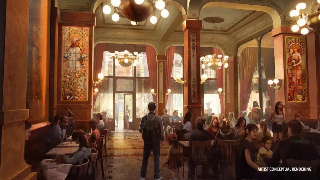 Cafe L'Air de la Sirene Concept art of a restaurant with chandeliers and marble architecture
