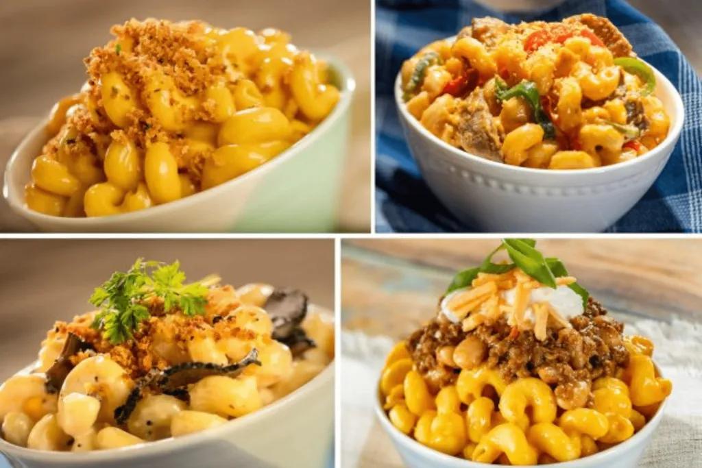 Macatizers Picture collage of four different mac and cheese portions in white bowls: one plain, one with green jalapenos, one with truffles and a last one with beef.