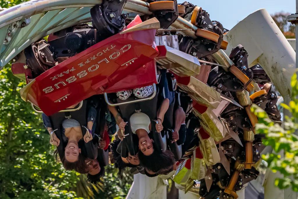 Colossus at Thorpe Park A roller coaster turning upside down on an inversion