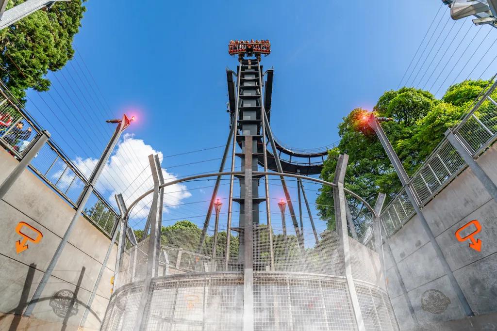 Oblivion at Alton Towers Looking up at a ride car at the top of a vertical drop