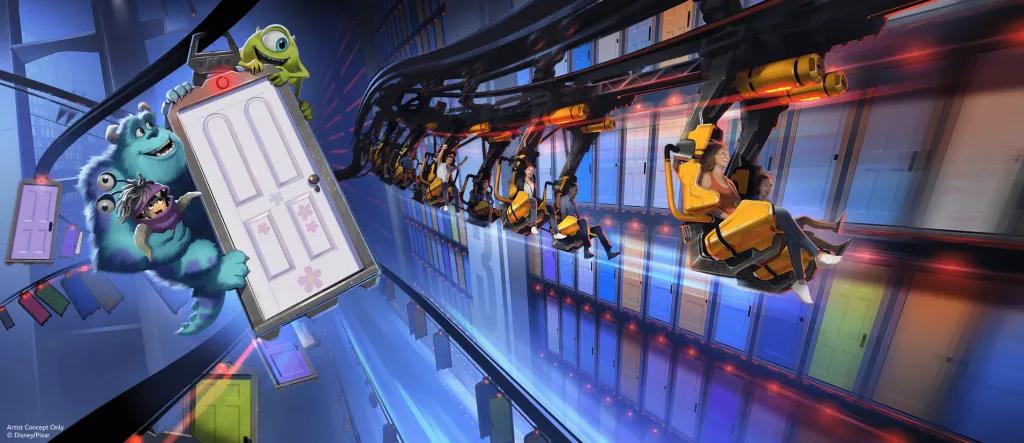 New Suspended Coaster coming to Monsters Inc Land Concept art of a Monsters Inc themed suspended roller coaster