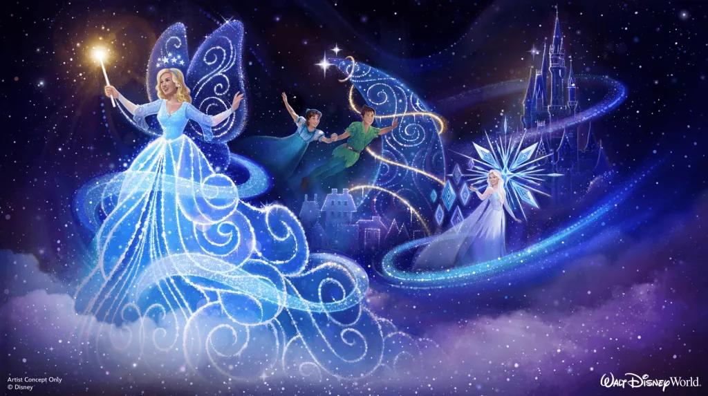 Disney Starlight, a new nighttime parade coming to Magic Kingdom Park Concept art of the blue Fairy, Peter Pan and Wendy, and Elsa in a new nighttime parade