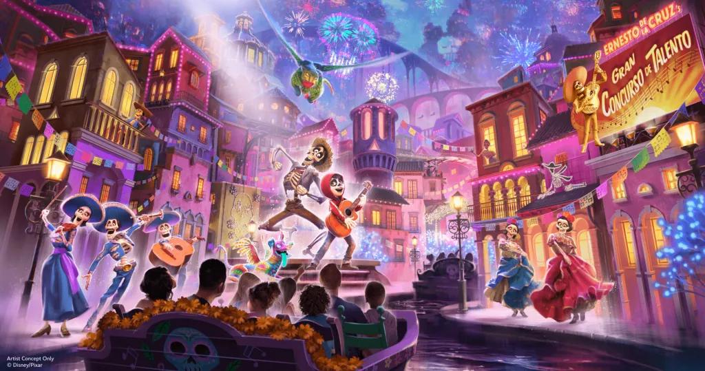 New Coco-themed attraction coming to Disney California Adventure Concept art of guests on a new coco-themed boat ride