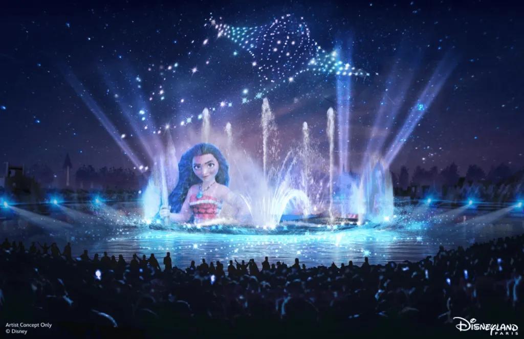 New Nighttime Spectacular coming to Disney Adventure World Concept art of a projection and drone show on a round lake