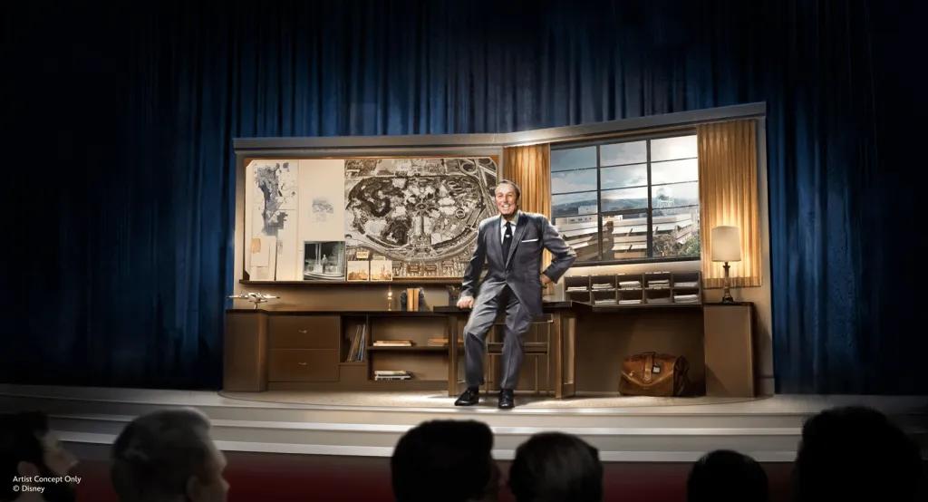 Walt Disney - A Magical Life coming to Disneyland Resort in California Concept art of an audio-animatronic of Walt Disney talking to an audience from a stage