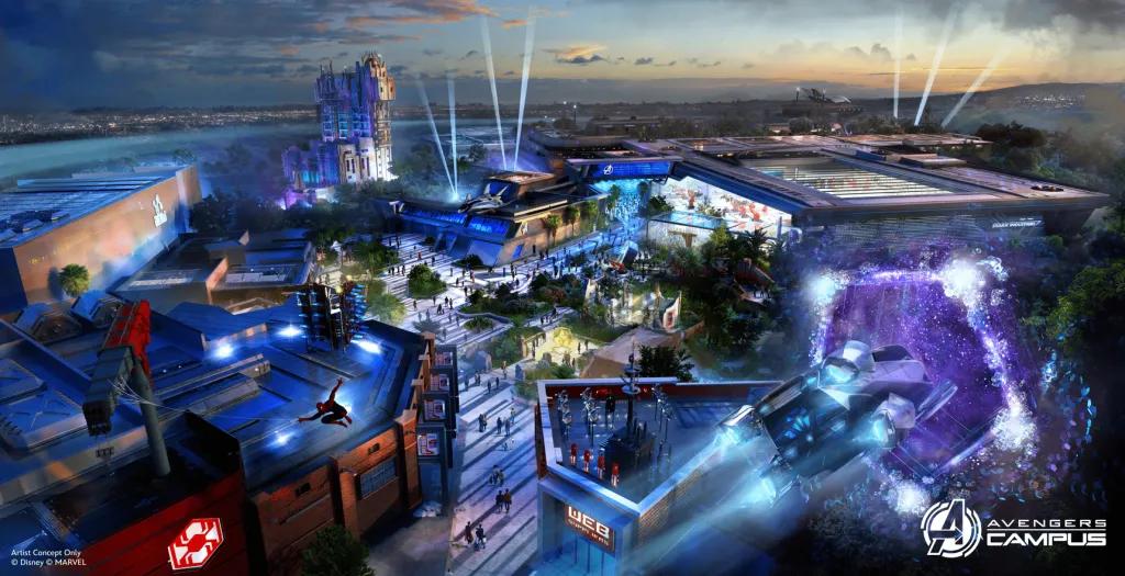 Avengers Campus Expansion in Disney California Adventure Concept art of an expanded Avengers Campus in Disney California Adventure