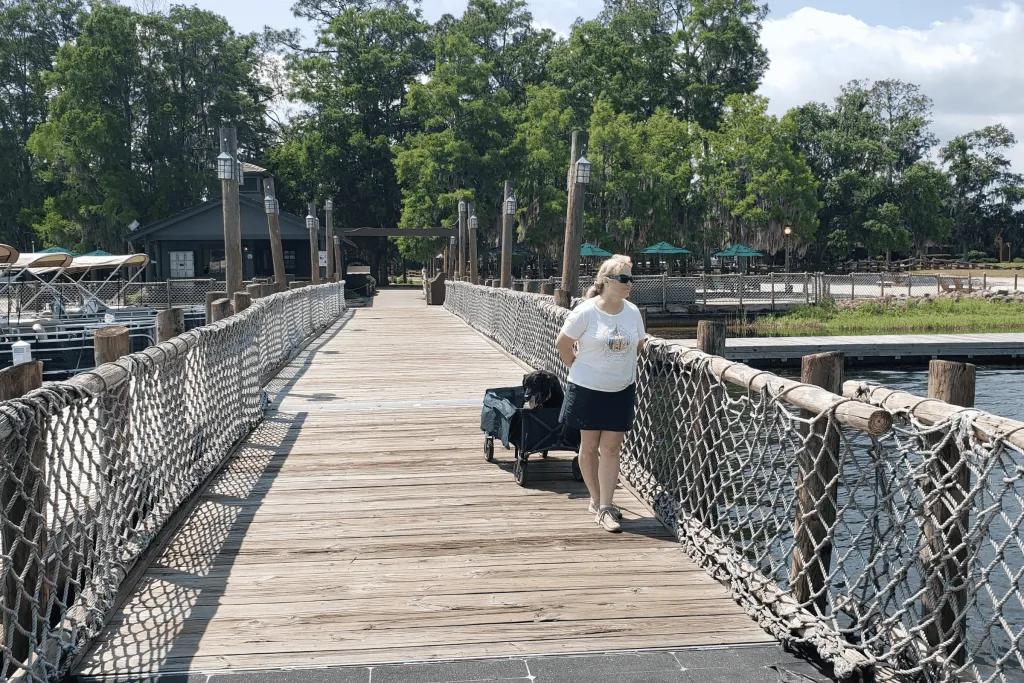 Boat Service Woman stood on wooden pier next to lots of small boats looking out at the lake. She is pulling along a cart with a dog in.