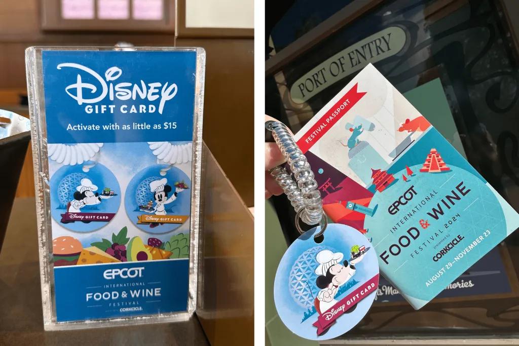 EPCOT Food & Wine Festival Gift Cards A sign with information about Disney gift cards next to a Disney gift card being held up with a Food and Wine Festival passport