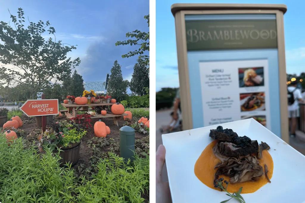 Harvest Hollow at EPCOT International Food & Wine Festival A pumpkin patch with a sign reading Harvest Hollow and a plate of food held up in front of a sign reading Bramblewood