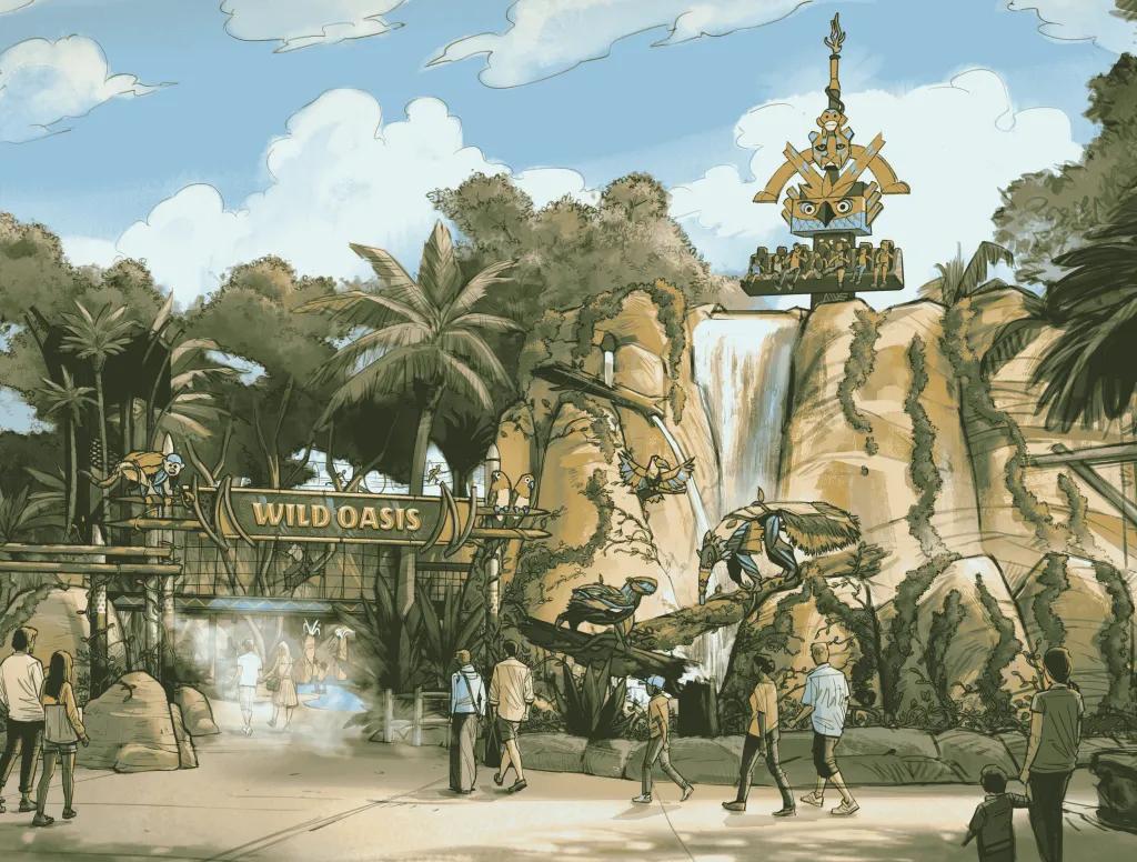 Wild Oasis at Busch Gardens Tampa Bay Art work depicting a new land coming themed on jungles. There's a waterfall with a drop tower ride behind which has a colourful animal head on top. There are logs with colourful sculptures of animals on around the land and there is a sign which says Wild Oasis on it.