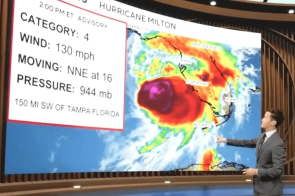 Television Broadcast Weather man stood in front of a screen showing the size of hurricane Milton. It also shows the statistics including category 4, wind 130 mph as well as the direction it is moving and the pressure.