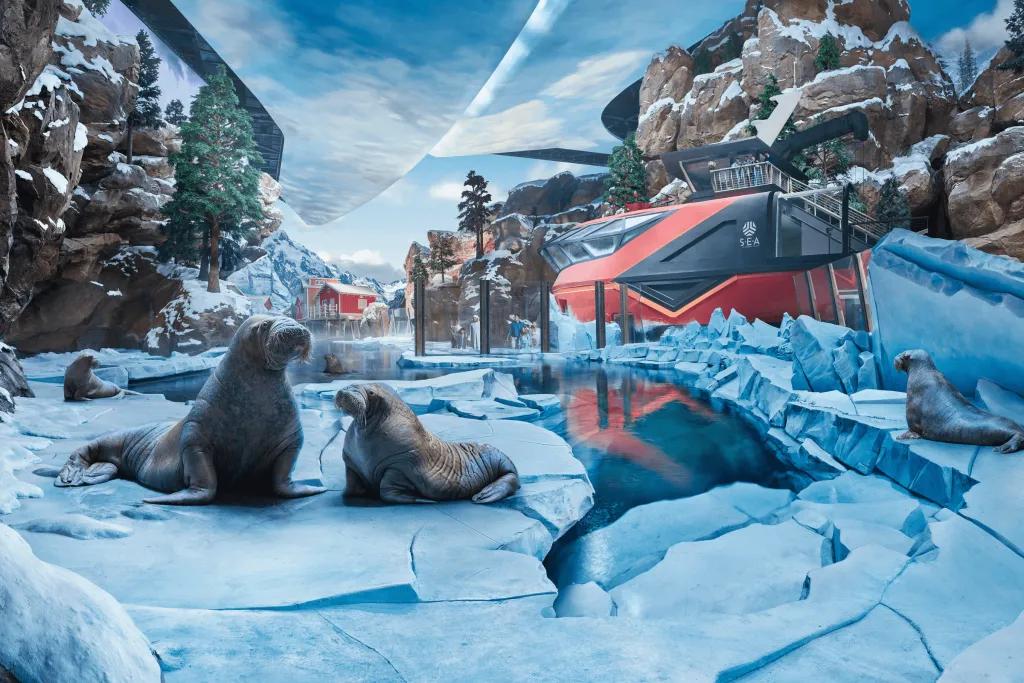 SeaWorld Abu Dhabi Image of walruses sat on ice sheets, behind there is an arctic orange building. There are rocks with snow on them on either side.