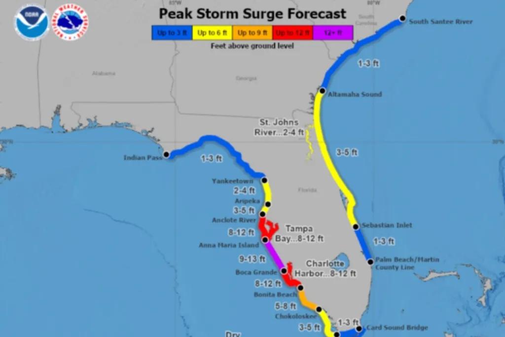 Storm Surge Forecast Huge map of Florida which outlines the coast in many different colours showing how large the storm surges will be in each area.