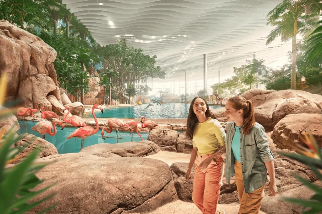 Flamingos in SeaWorld Abu Dhabi Two young women walking along a rock pathway with pools inside a building. There are flamingos stood in the pool.