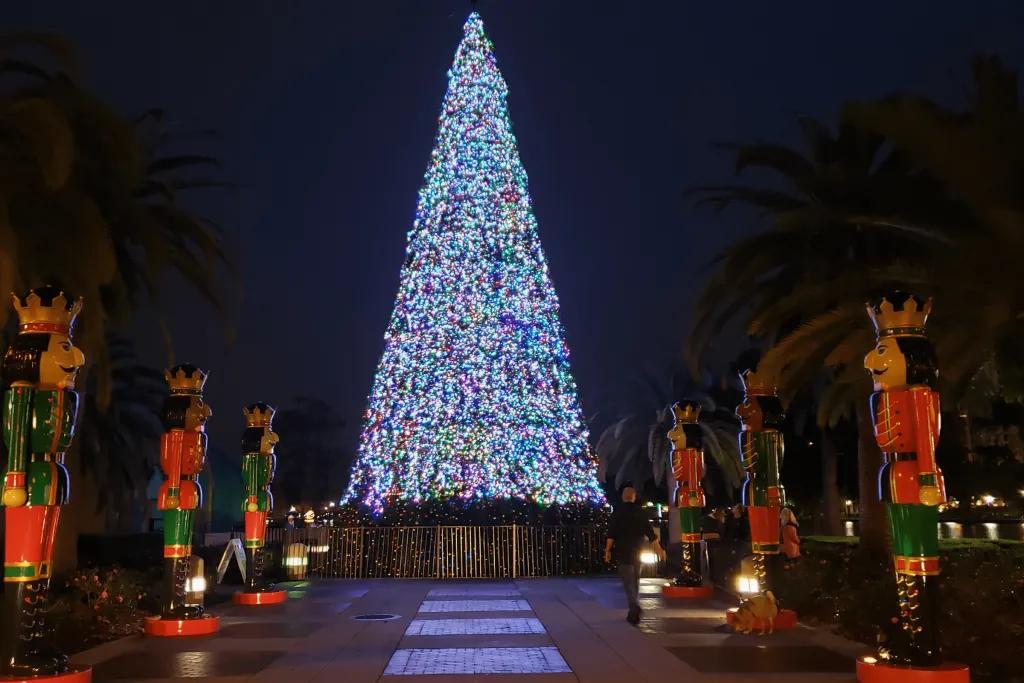 Lake Eola Park A walkway through rows of nutcrackers facing inwards and at the end there is a huge Christmas tree with multicoloured lights on.