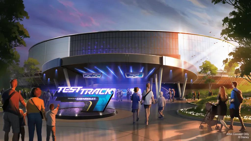 Reimagined Test Track An artist impression of people walking towards Test Track at EPCOT